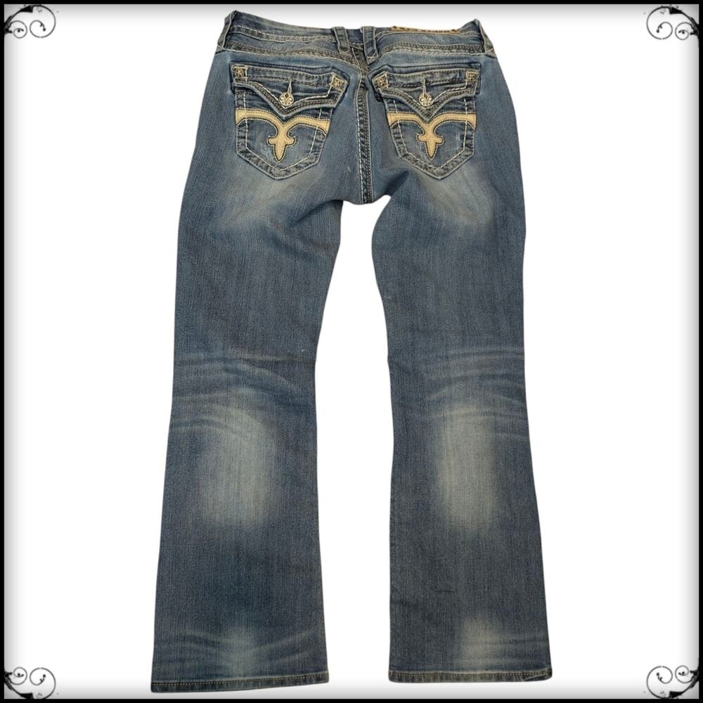 ROCK REVIVAL Easy Bootcut Leah Jeans Fleur de Lis Flap Pockets Women's 28 Y2K